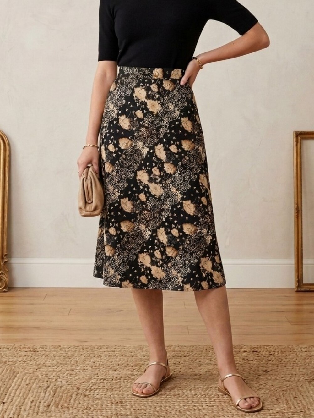 Vintage 90s Black Floral Midi Skirt Dark Floral Cottagecore Grunge Romantic US14